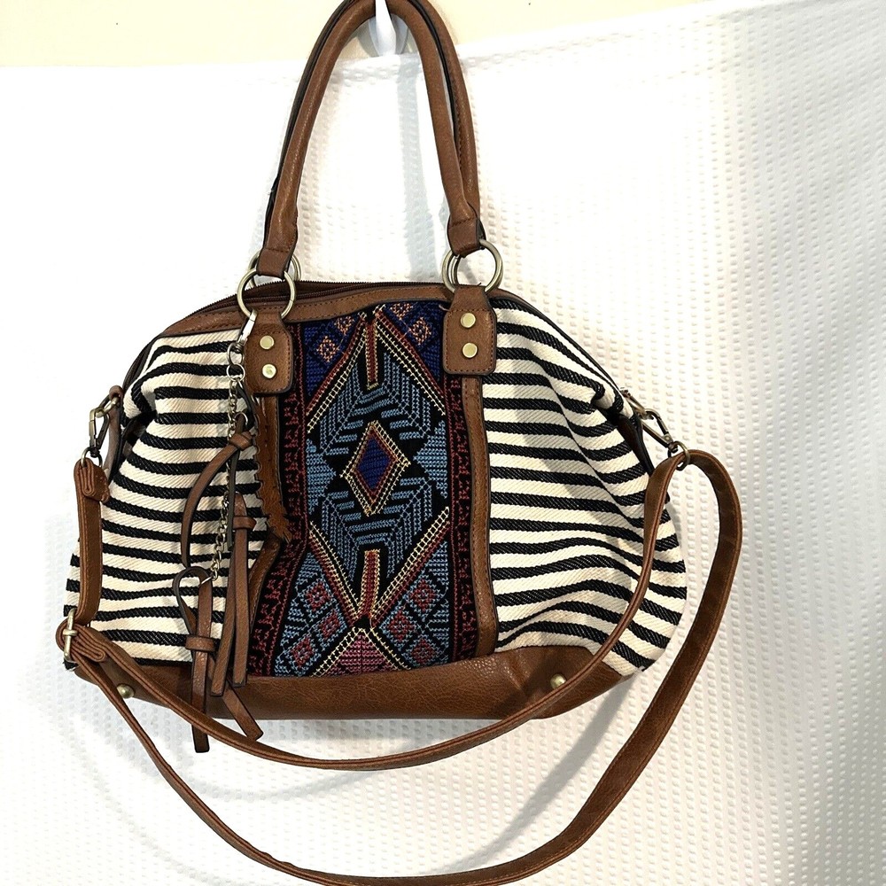 Aztec & Stripe Boho Tassel Leaf Charm Embroidered Canvas Purse